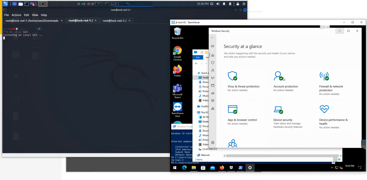Windows Securityが正常状態を示すWindows端末とKali Linuxの検証画面