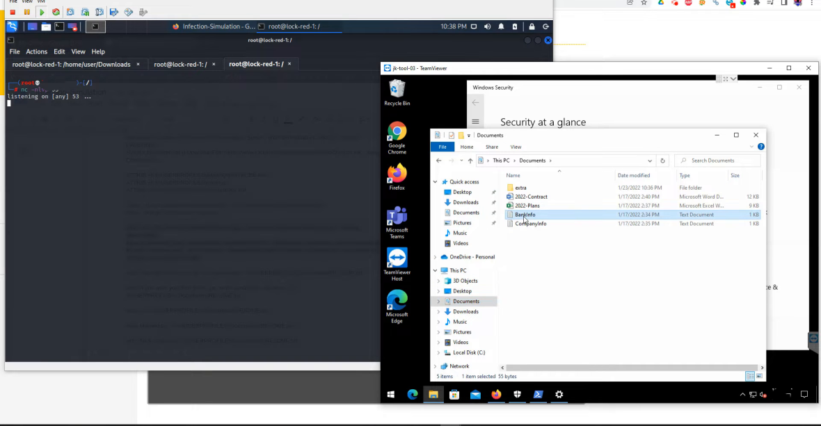 Kali LinuxからWindows端末へアクセスしたランサムウェア攻撃の検証画面