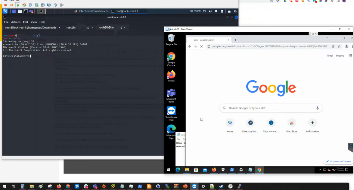 Chromeが正常に表示されている裏で攻撃側との接続が継続しているWindows端末