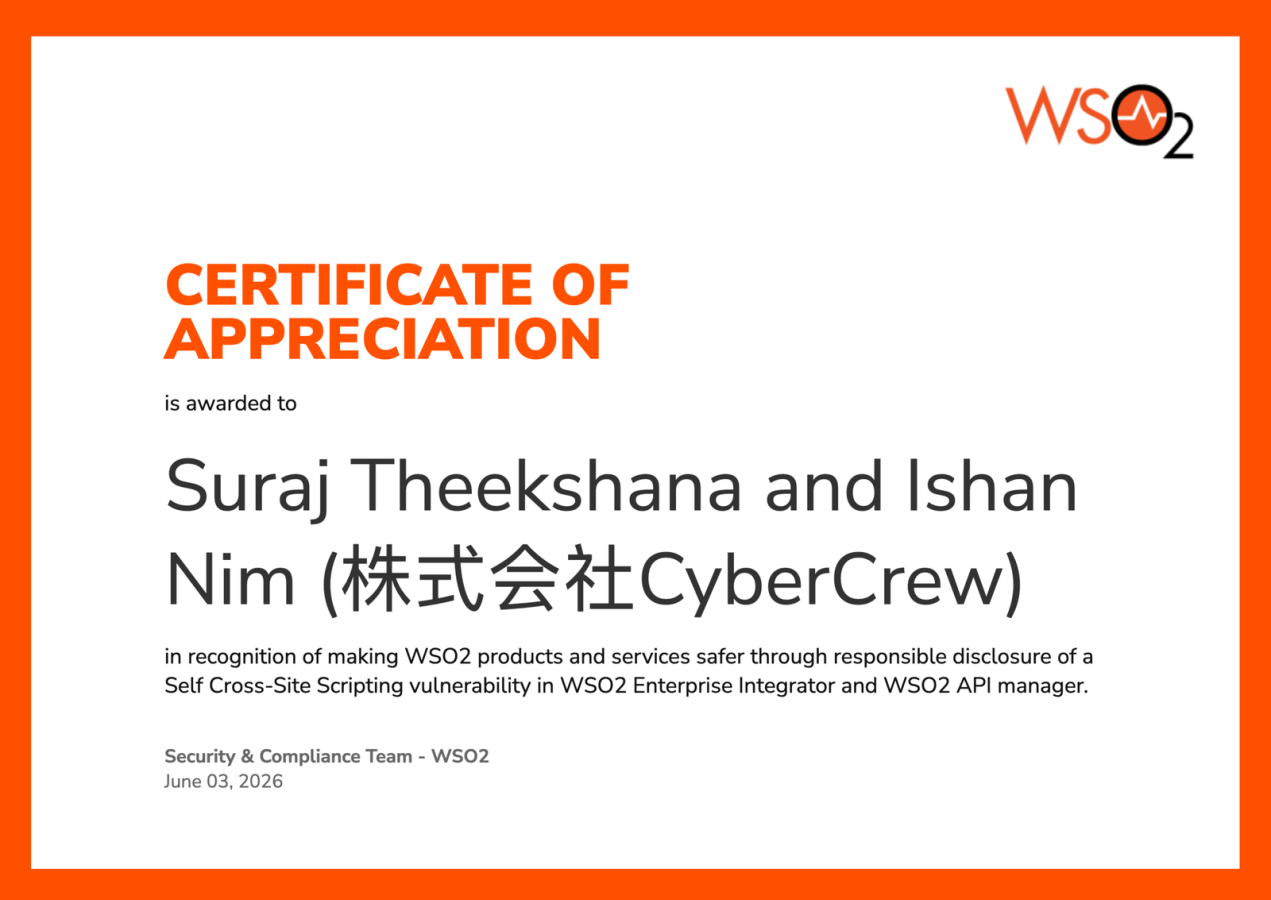 WSO2より株式会社CyberCrewのSuraj TheekshanaおよびIshan Nimへ発行された感謝状