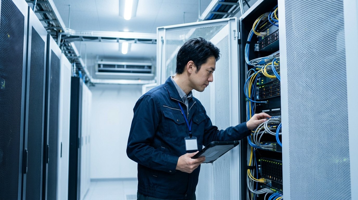 サーバー室で機器を確認する技術者の写真