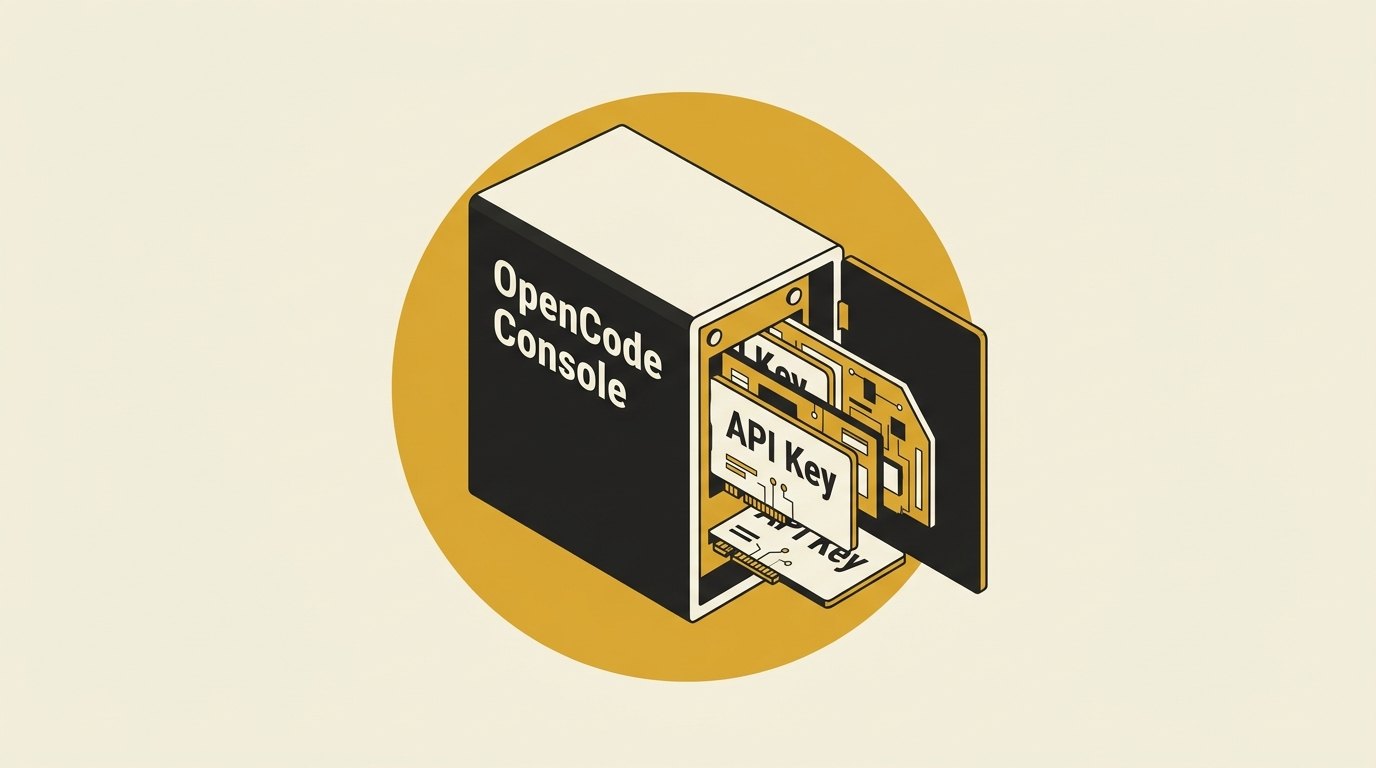 OpenCode Consoleのサーバーと露出したAPIキーの概念図