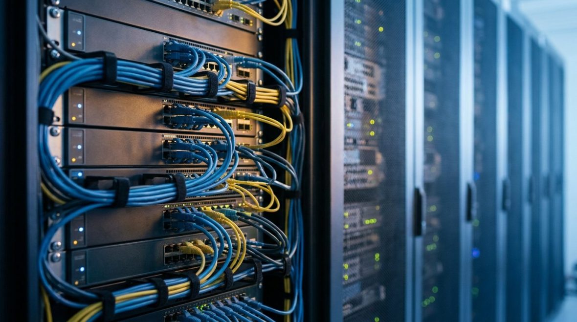 サーバー室内のネットワークスイッチと配線設備