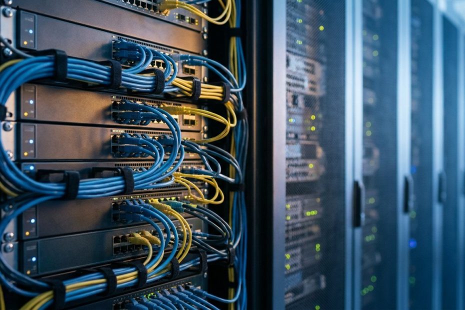 サーバー室内のネットワークスイッチと配線設備