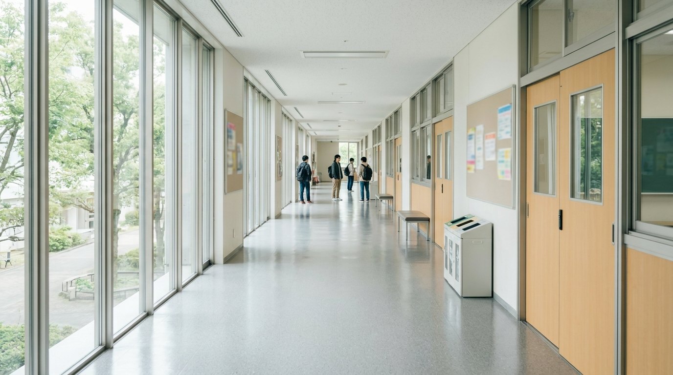 自然光が差し込む日本の大学の静かな校舎内の廊下