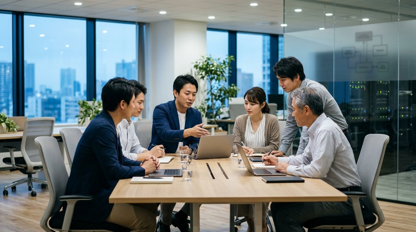明るいオフィスで対応策を検討するITチーム