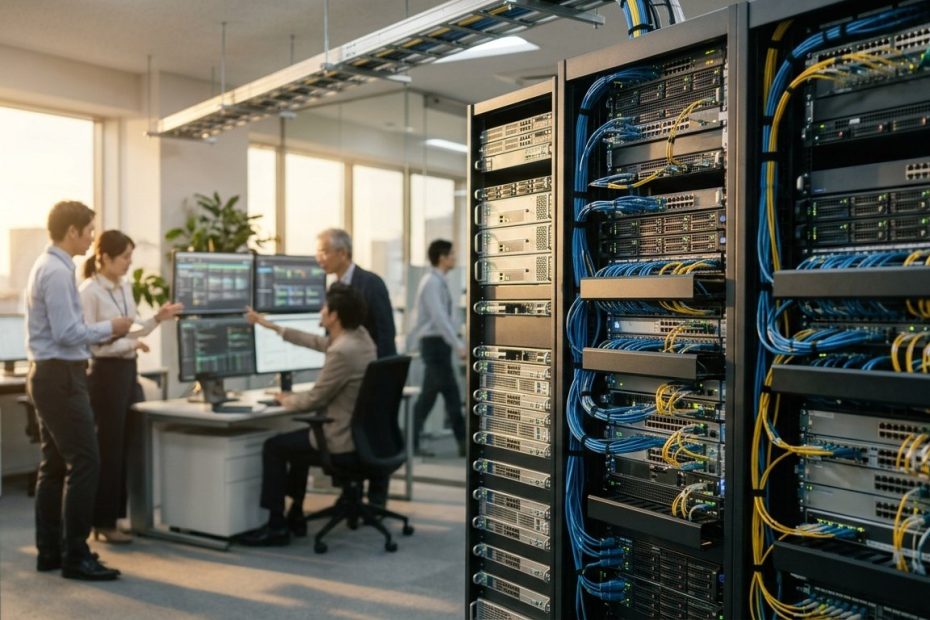 ネットワーク機器が並ぶ整然としたオフィスの風景
