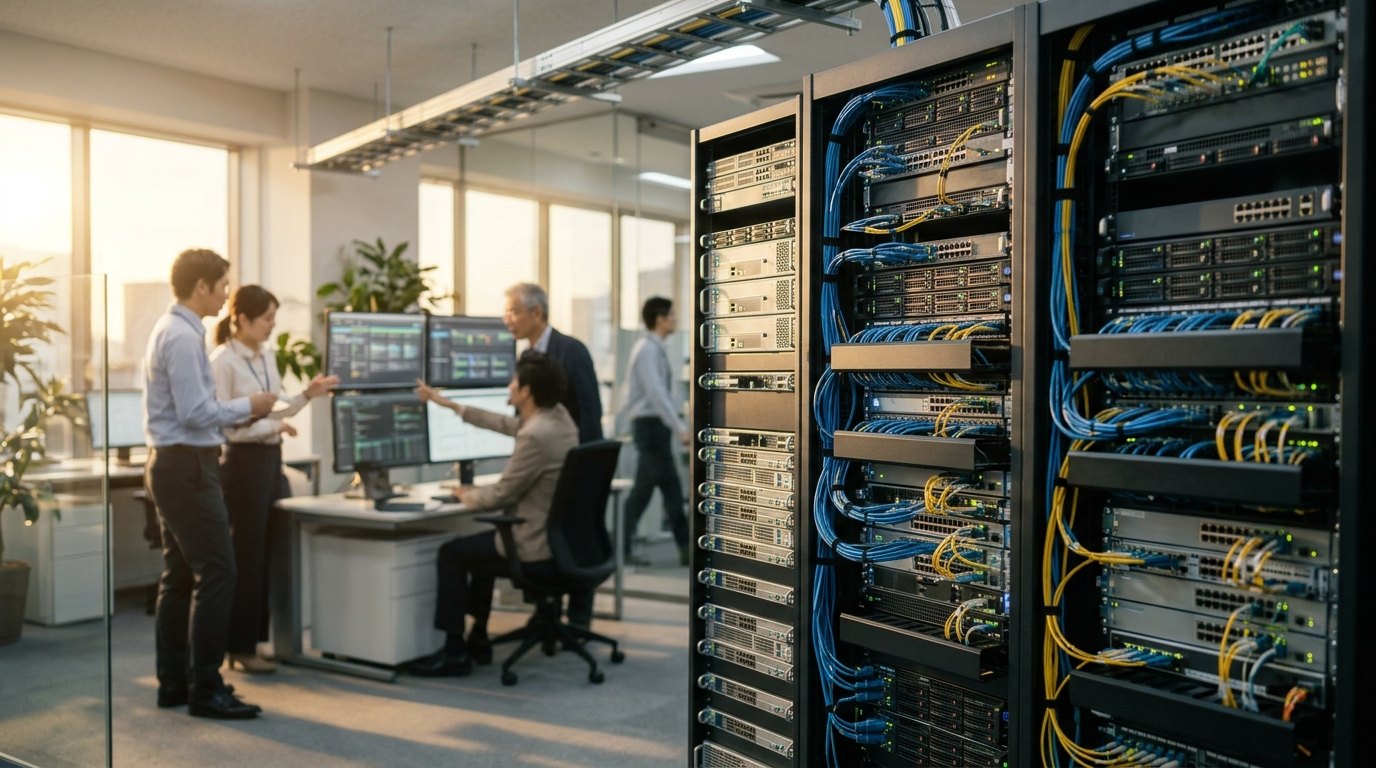 ネットワーク機器が並ぶ整然としたオフィスの風景