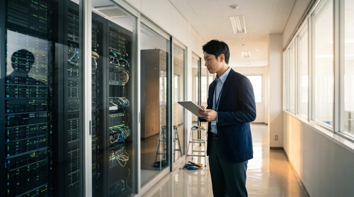 データセンターのサーバールームと明るい通路の様子