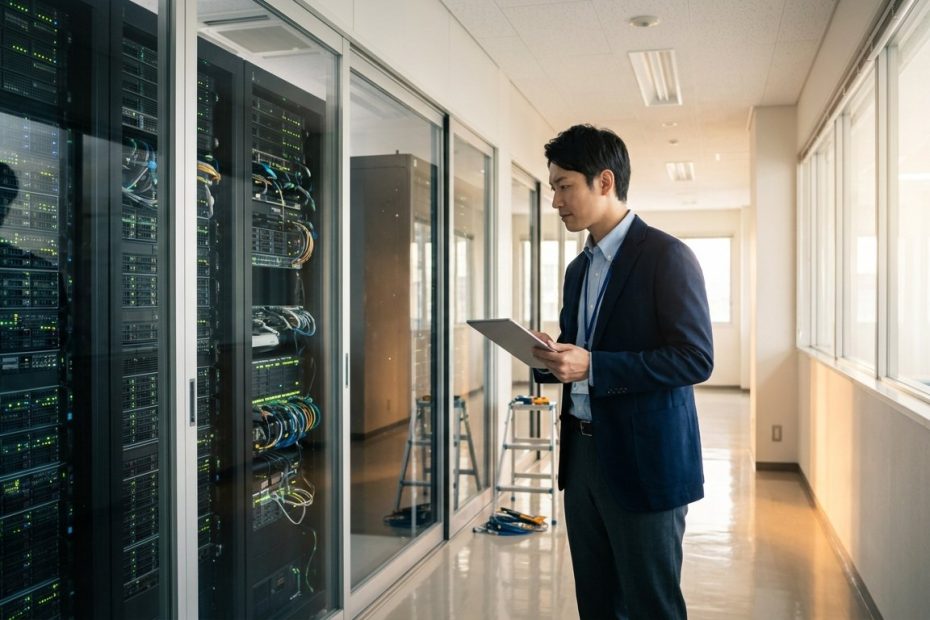 データセンターのサーバールームと明るい通路の様子