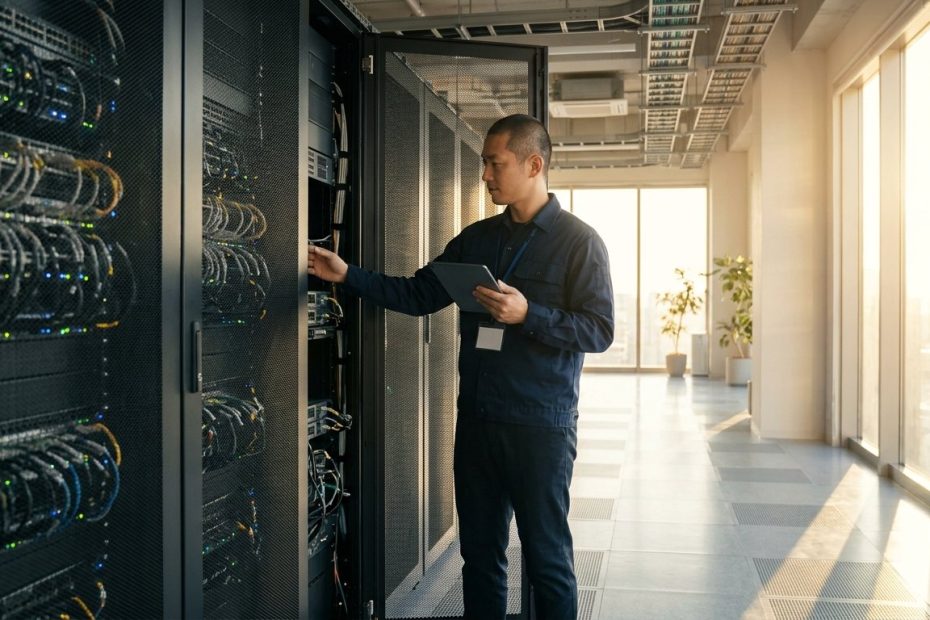 サーバー保守作業を行うエンジニアとサーバルーム