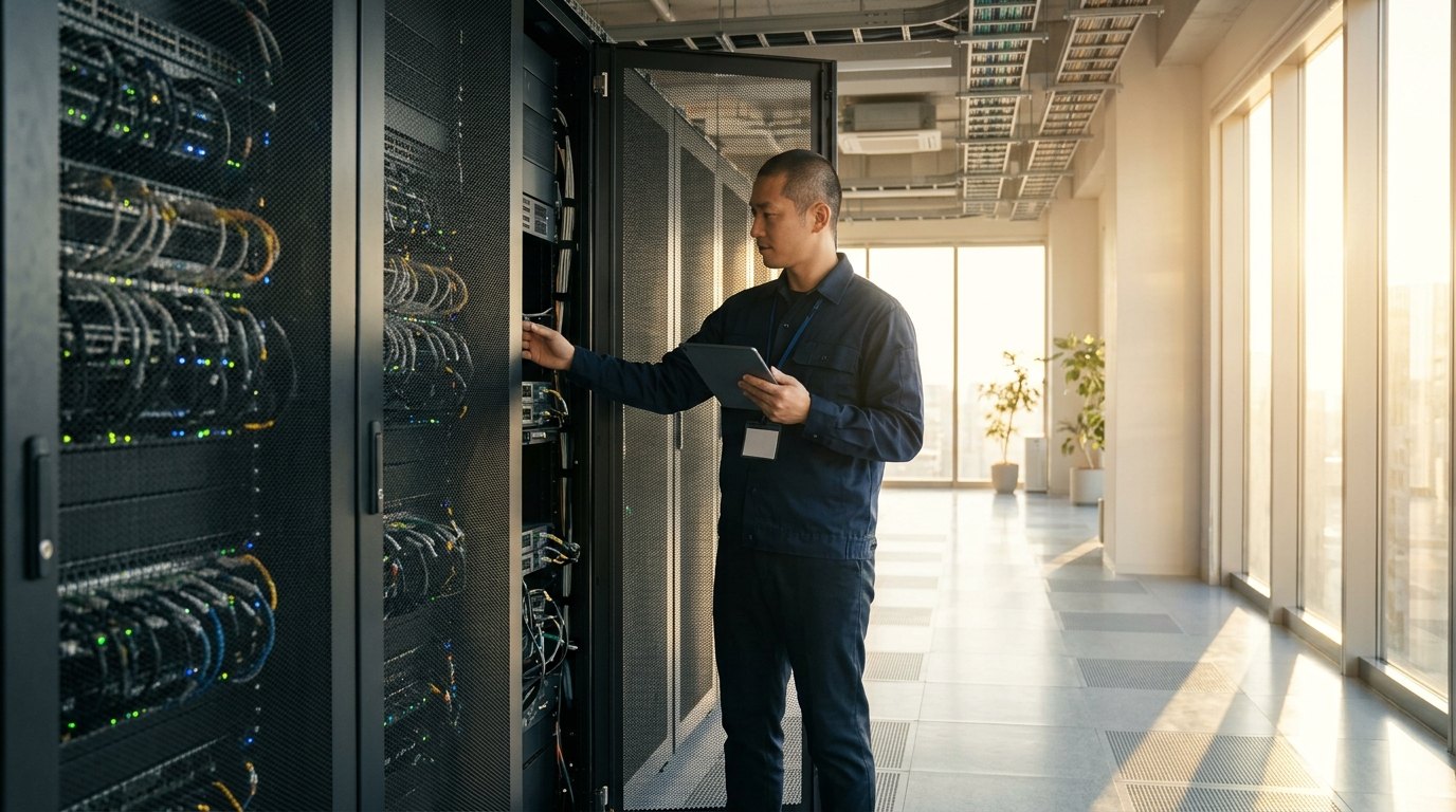サーバー保守作業を行うエンジニアとサーバルーム
