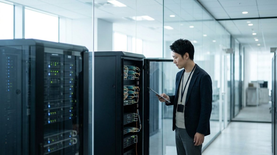 明るい照明が灯る清潔なデータセンターのサーバールーム
