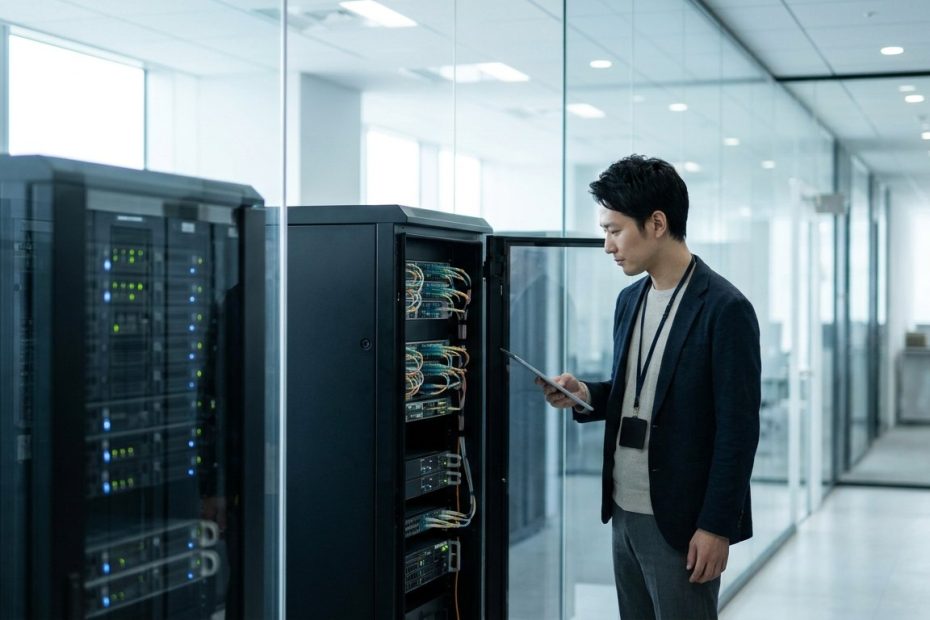 明るい照明が灯る清潔なデータセンターのサーバールーム