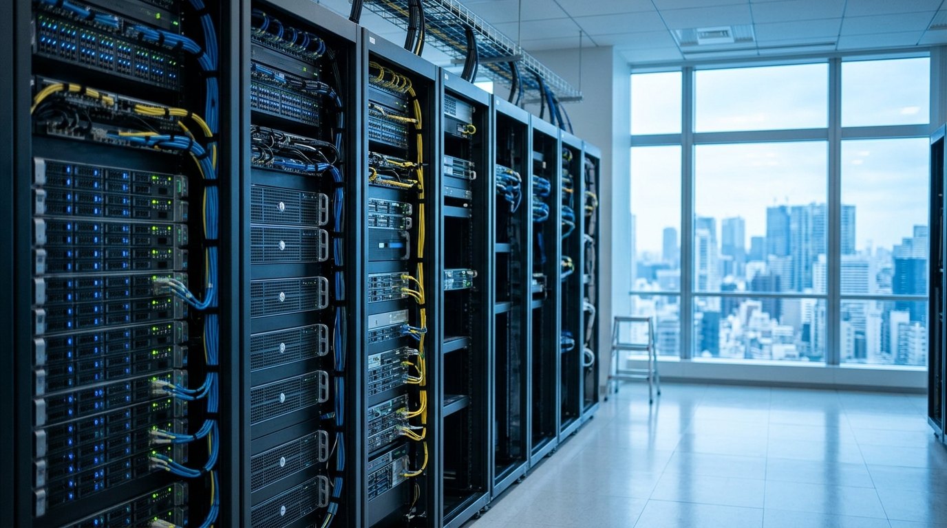サーバーラックが並ぶ明るいデータセンターの様子