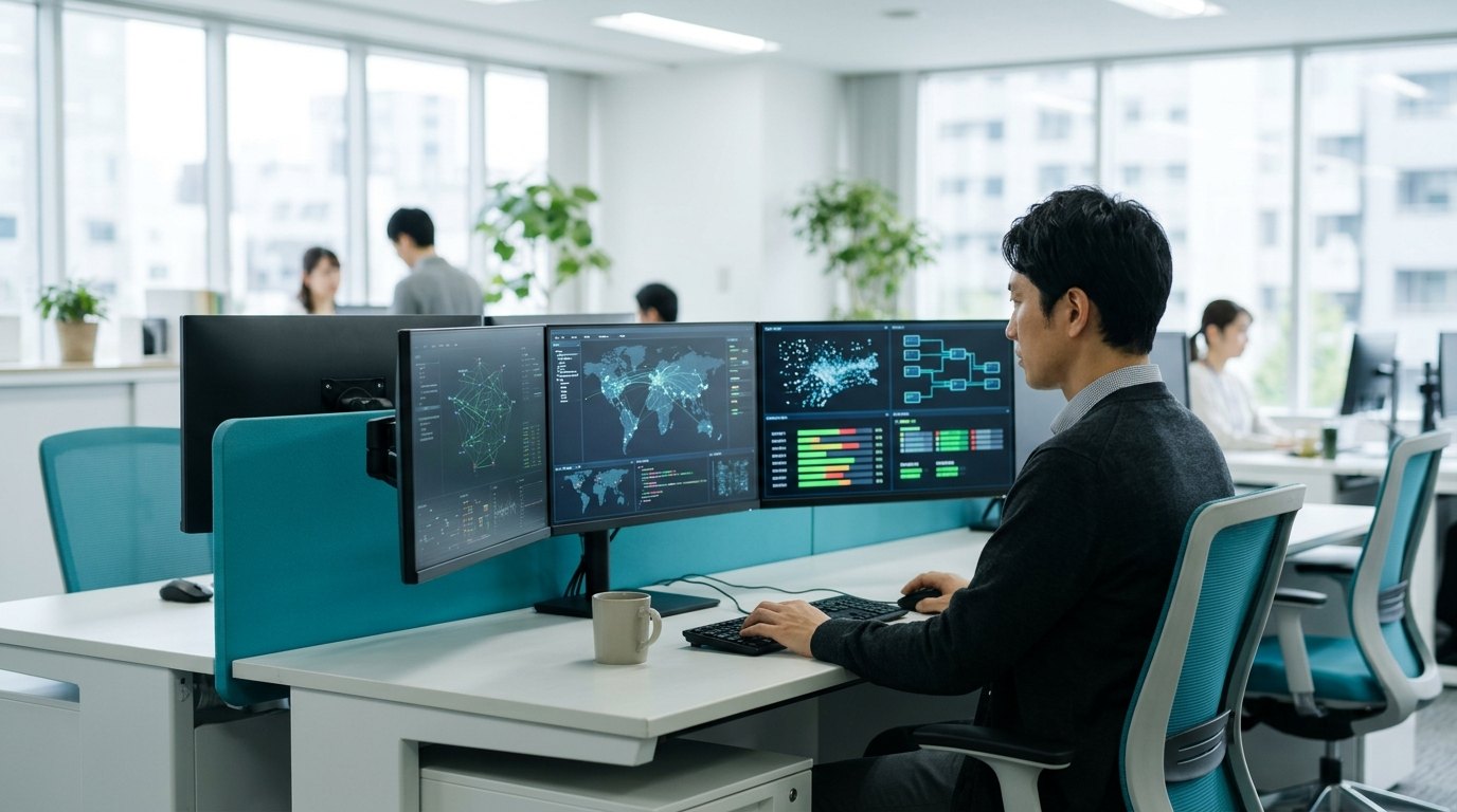 オフィスでネットワーク監視画面を確認するエンジニア