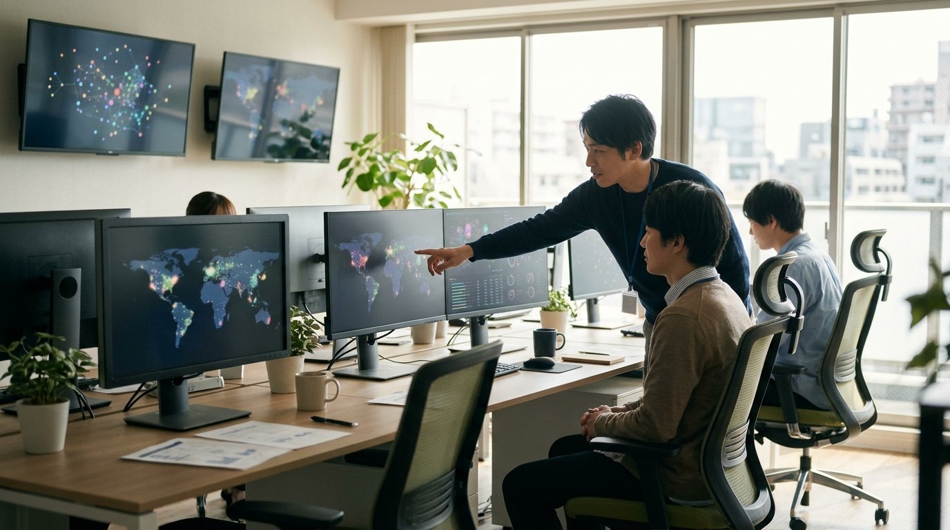 システム監視画面を確認するオフィスの様子