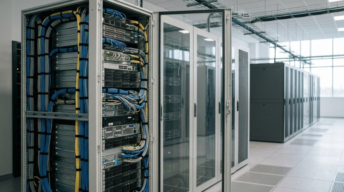 データセンター内のサーバーラックと安全な暗号化インフラのイメージ