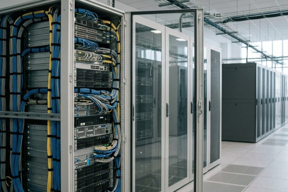 データセンター内のサーバーラックと安全な暗号化インフラのイメージ