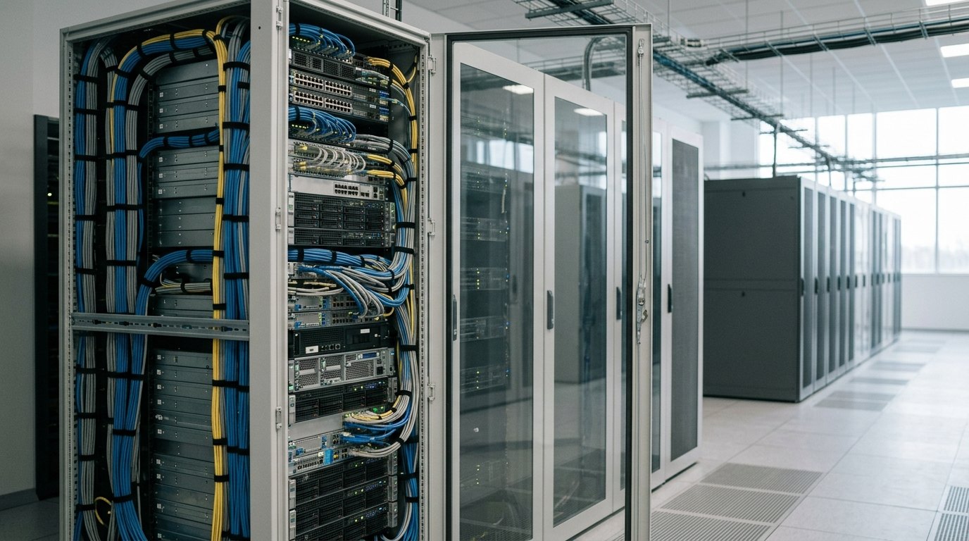 データセンター内のサーバーラックと安全な暗号化インフラのイメージ