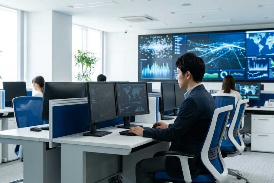 配送システムのセキュリティ確認を行うオフィスの様子