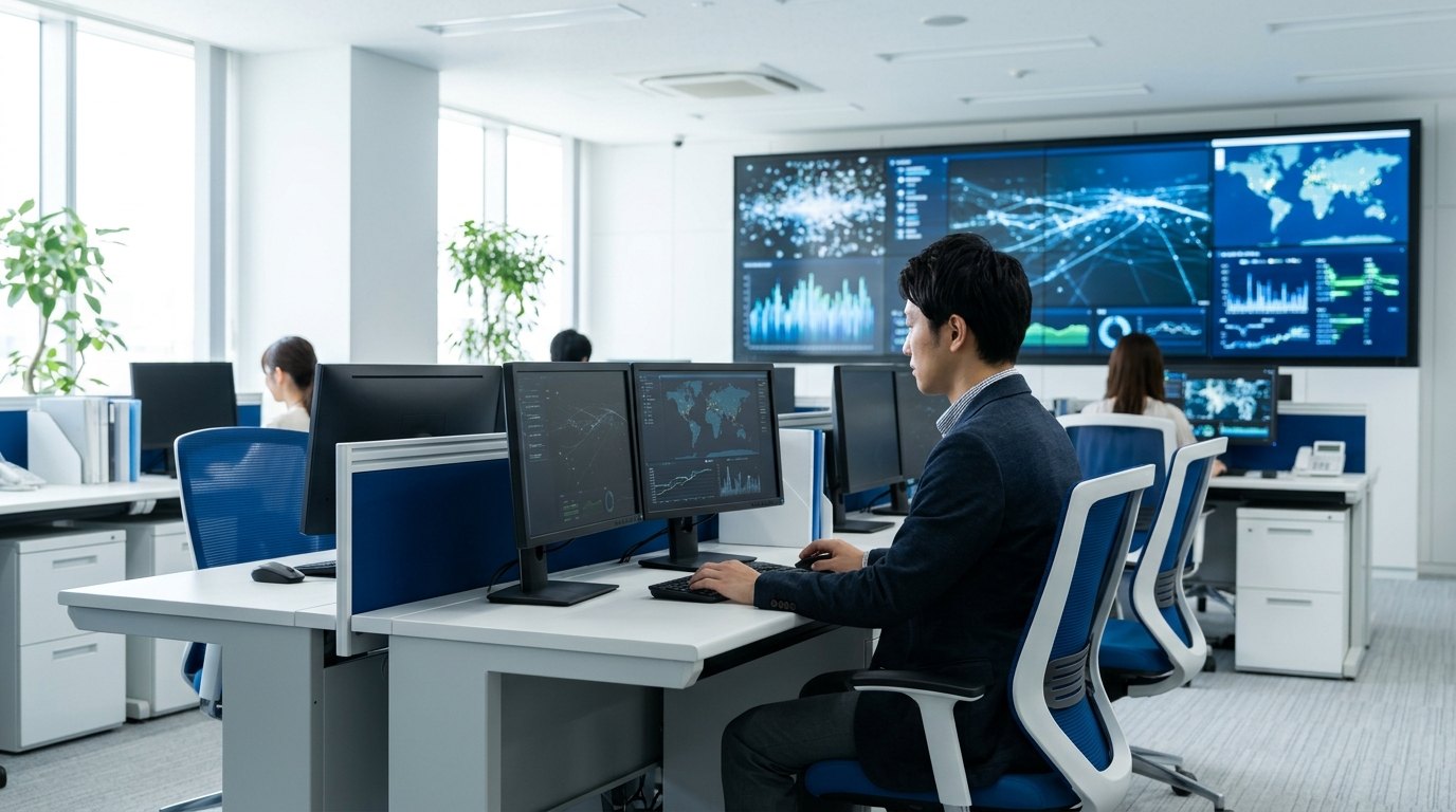配送システムのセキュリティ確認を行うオフィスの様子