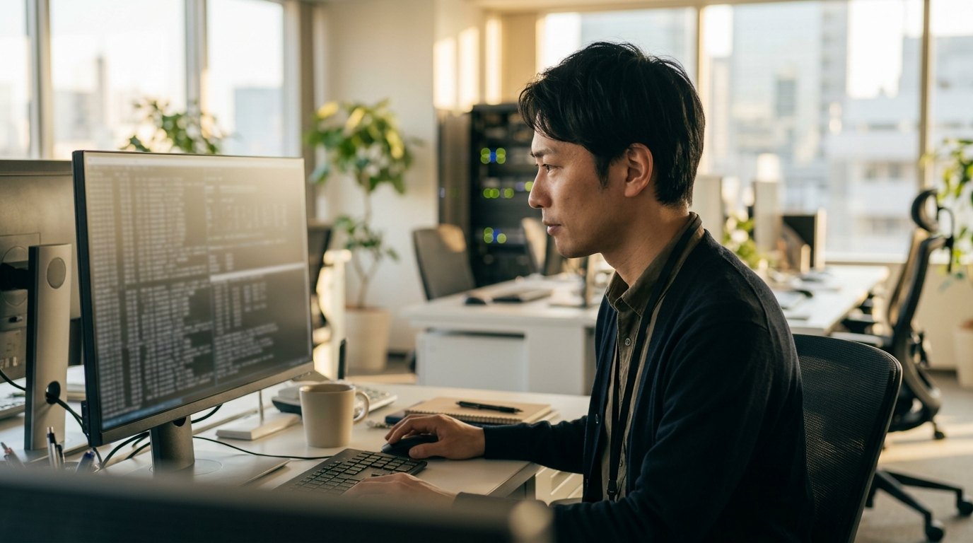 オフィスで端末画面を確認するシステム管理者の様子