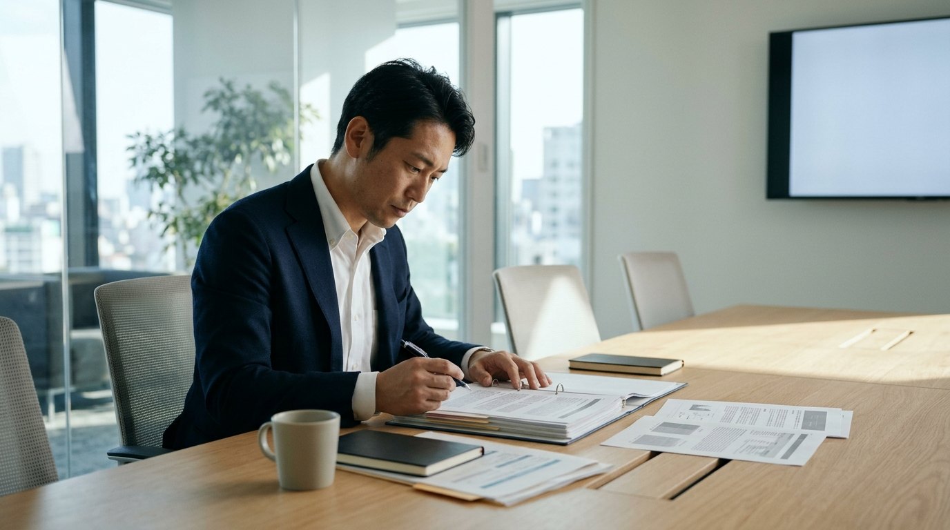 会議室で対応書類を確認するオフィスワーカーの横顔