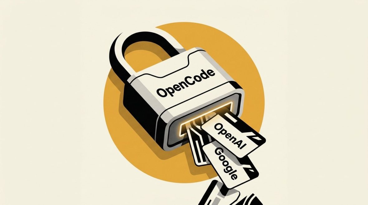 OpenCodeの環境からAIプロバイダーのAPIキーが露出する様子を描いたイラスト