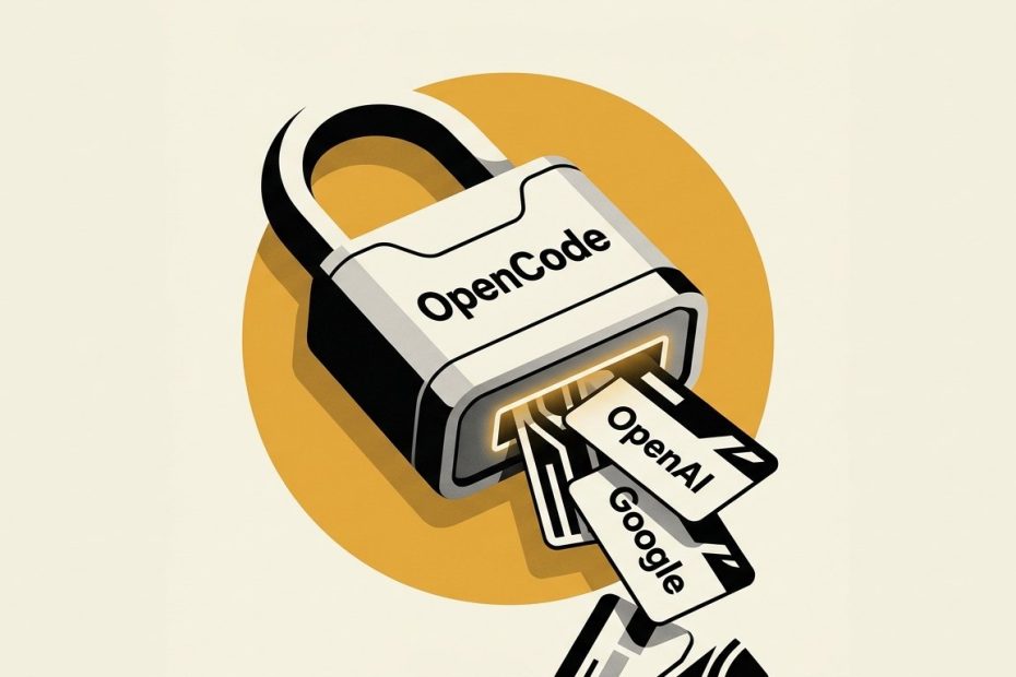 OpenCodeの環境からAIプロバイダーのAPIキーが露出する様子を描いたイラスト