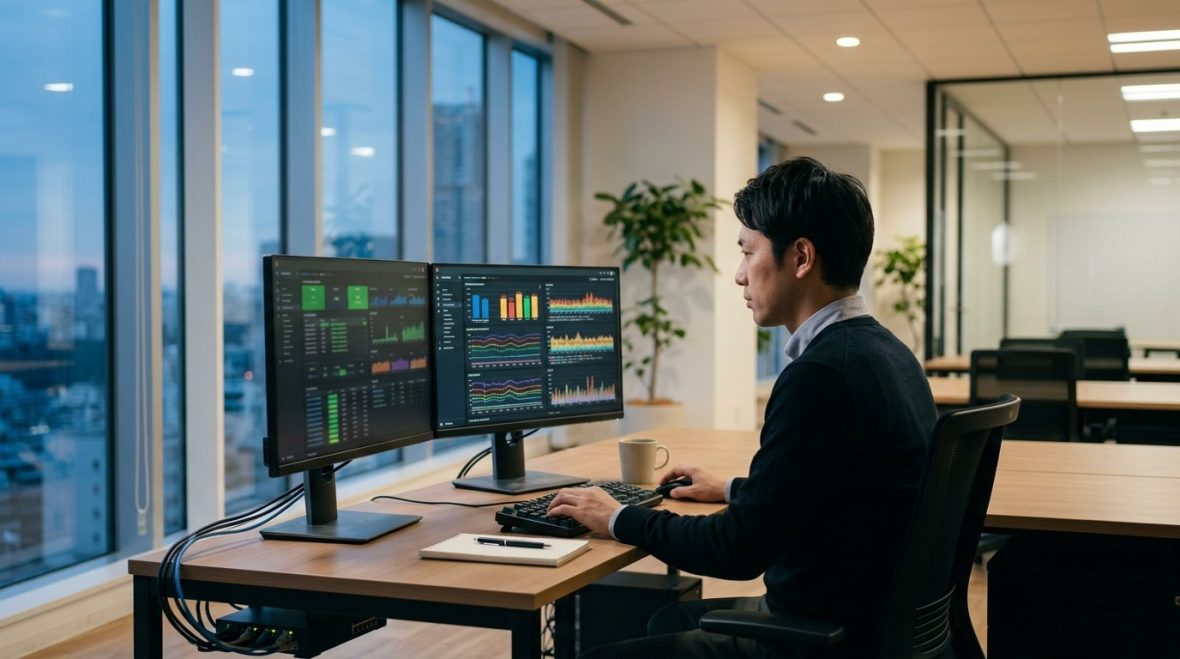 オフィスでサーバー監視画面を確認するシステム管理者