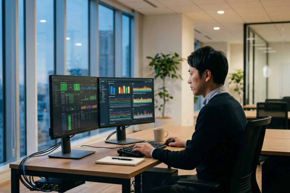 オフィスでサーバー監視画面を確認するシステム管理者