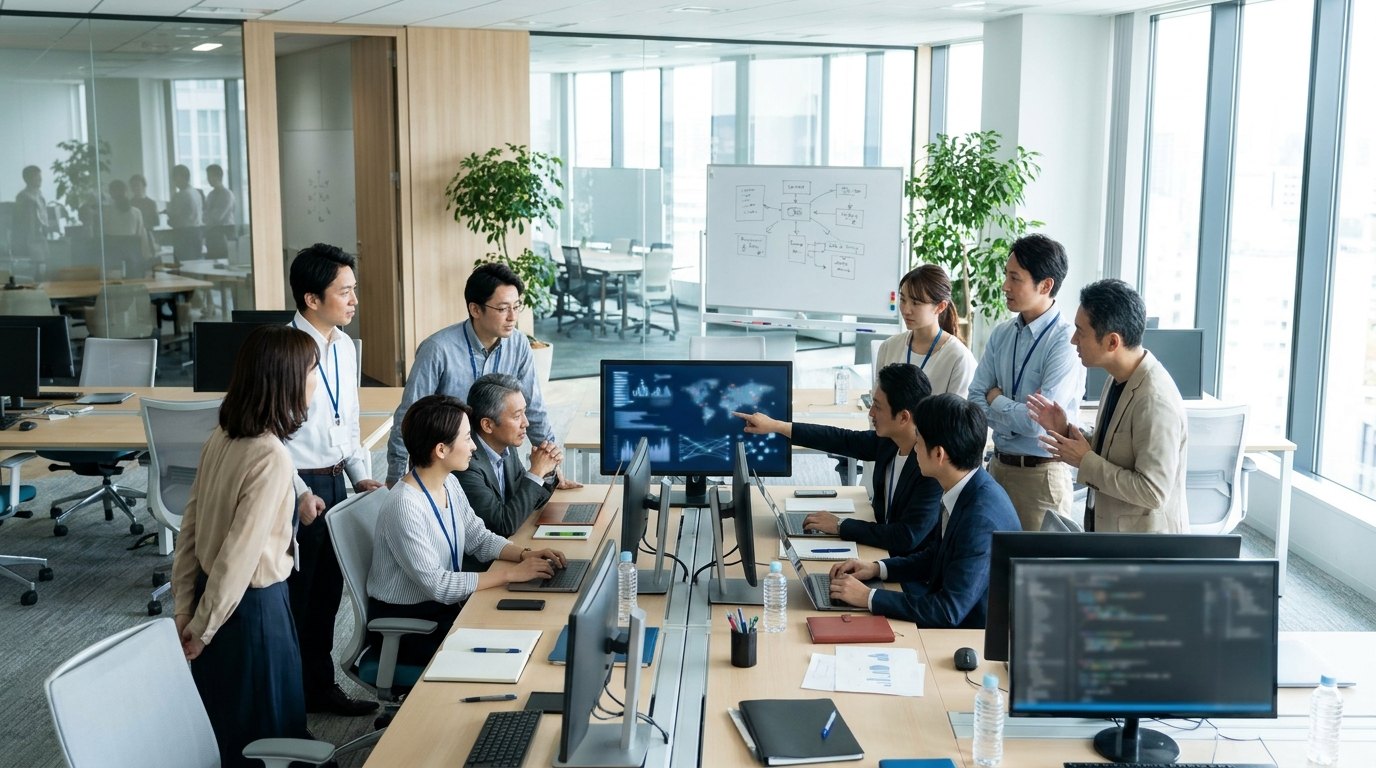 日中の明るいオフィスでセキュリティ対策を進める技術者たち