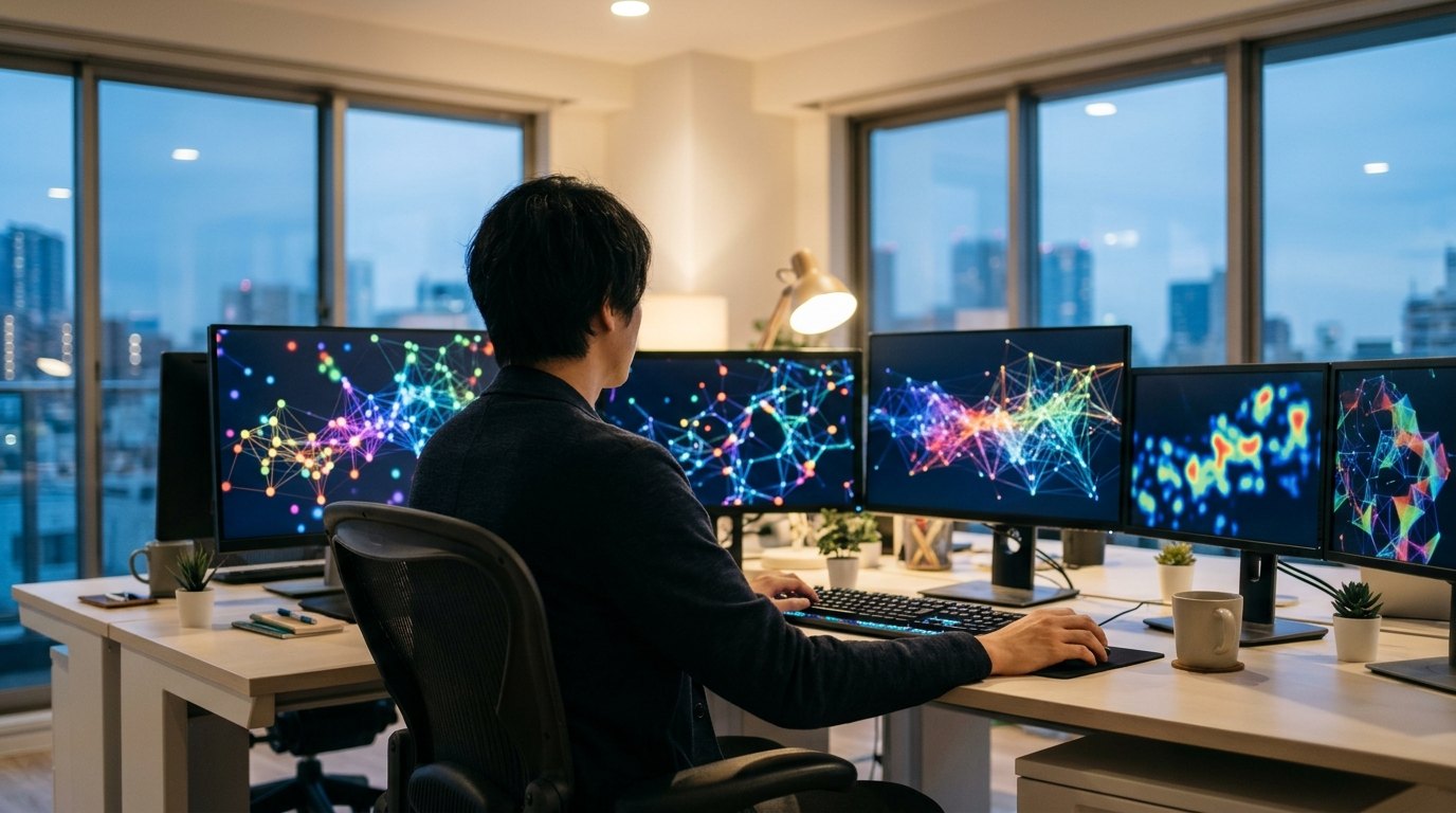 オフィスでネットワーク解析画面を確認するエンジニアの後ろ姿