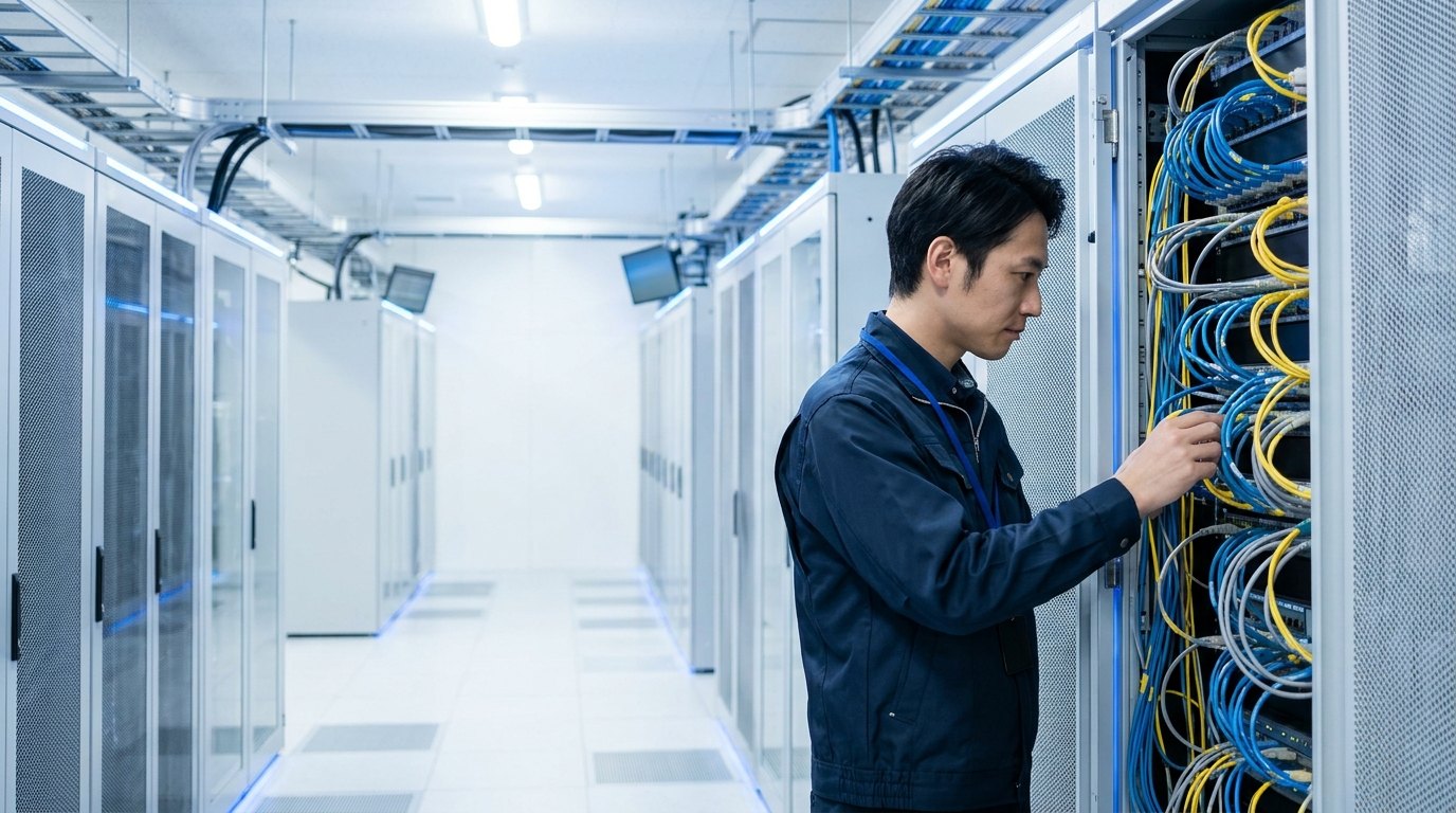 データセンターでサーバーの安全確認を行う技術者