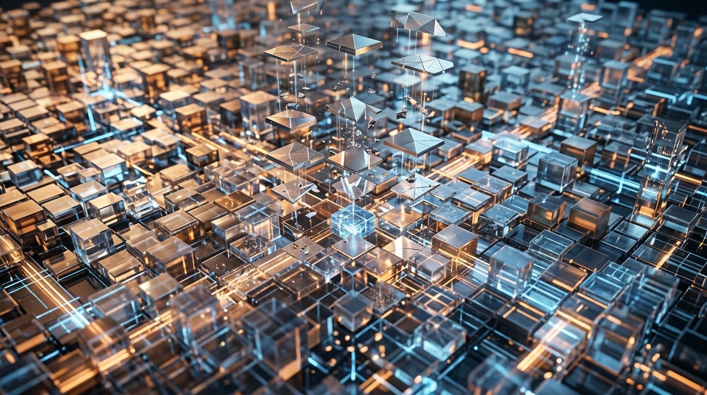 広大なグリッド上で一斉に交換・強化される膨大なシステムブロック
