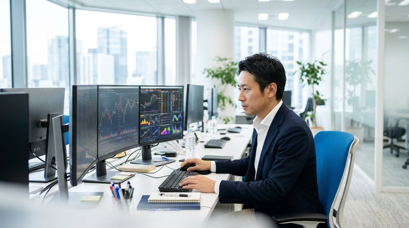 金融取引の画面を確認するオフィスデスクの様子