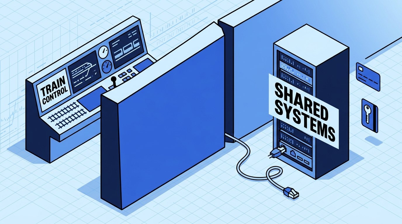 独立した運行システムと遮断された営業用サーバー基盤を表すイラスト