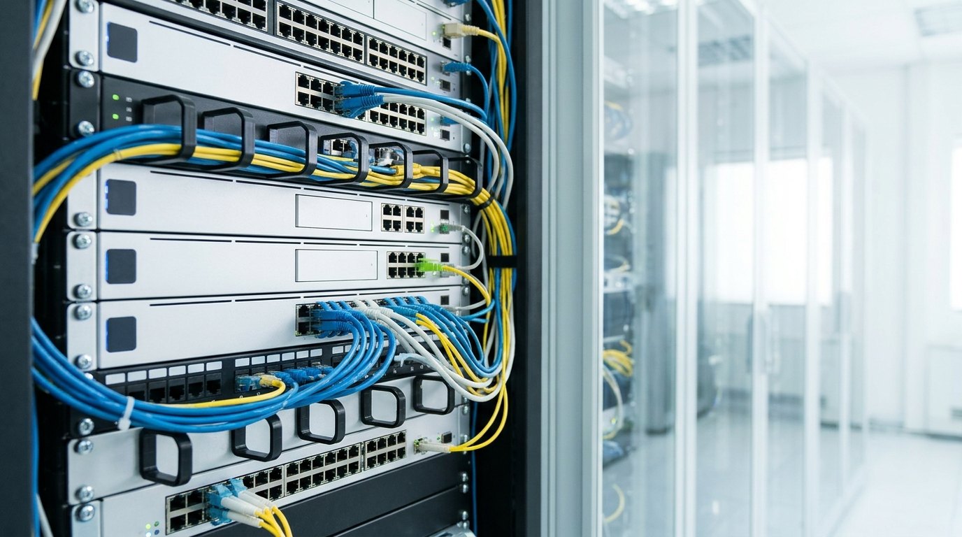 整然と配線されたオフィスのネットワーク機器群