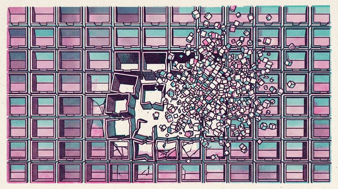 データ転送中に破棄された区画からデータが溢れ出すメモリグリッドの俯瞰図