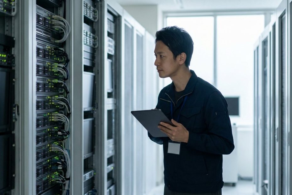 企業のサーバルームと並ぶネットワークラック設備
