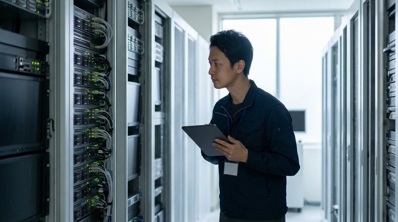 企業のサーバルームと並ぶネットワークラック設備